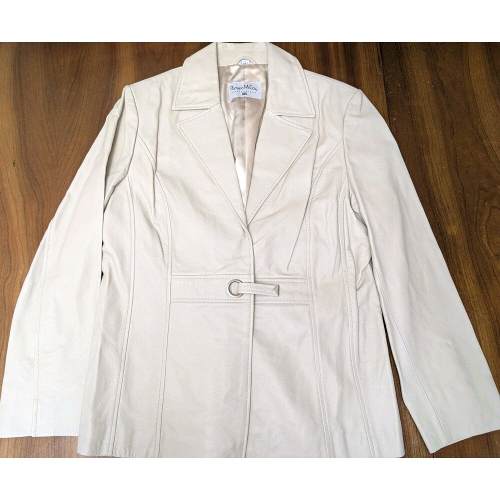 Pamela McCoy Vintage Cream Leather Jacket Large Off-White Notched Lapel Lined